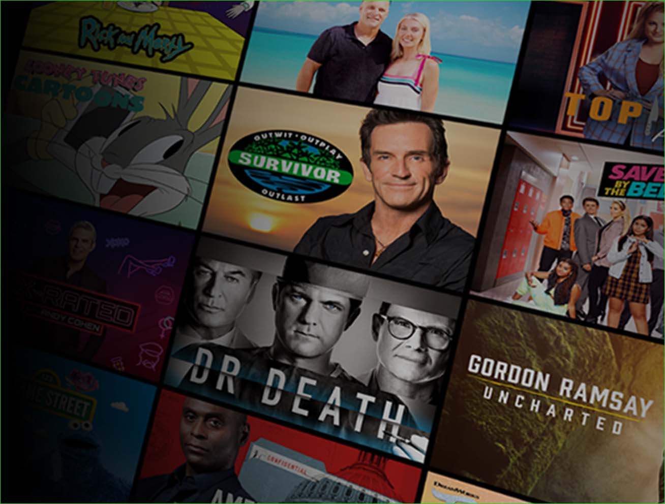 Collage of show posters, includes Dr. Death, Survivor, Saved By The Bell and more